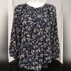 Chaps - Navy Blue Floral Long Sleeve Peasant Blouse, Size Medium